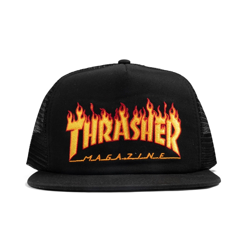 Flame Embroidered Mesh Cap - Black